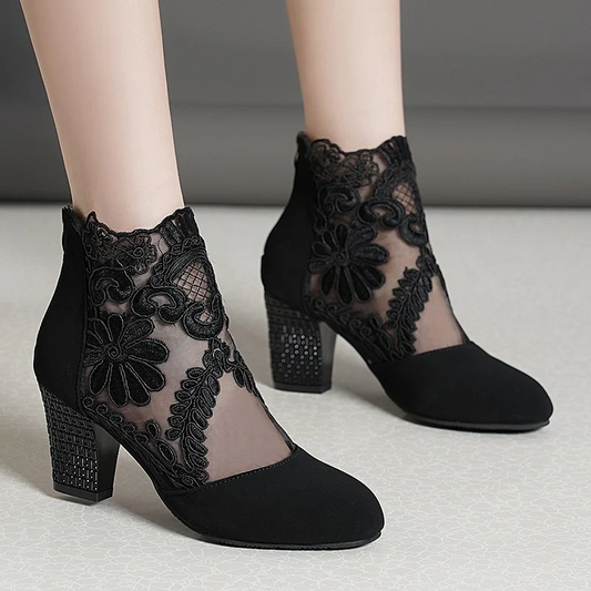 Women's Filigree Lace Heeled Sandal - Architectural Cutout Mesh Stilettos with Cushion & Extended Sizes