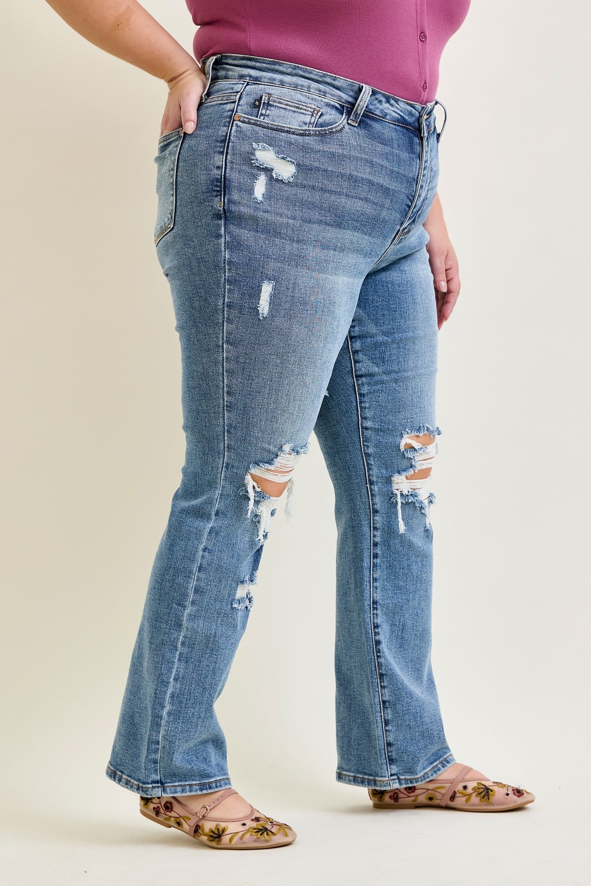 Faye Stone Wash Ripped Bootcut Jeans - PLUS