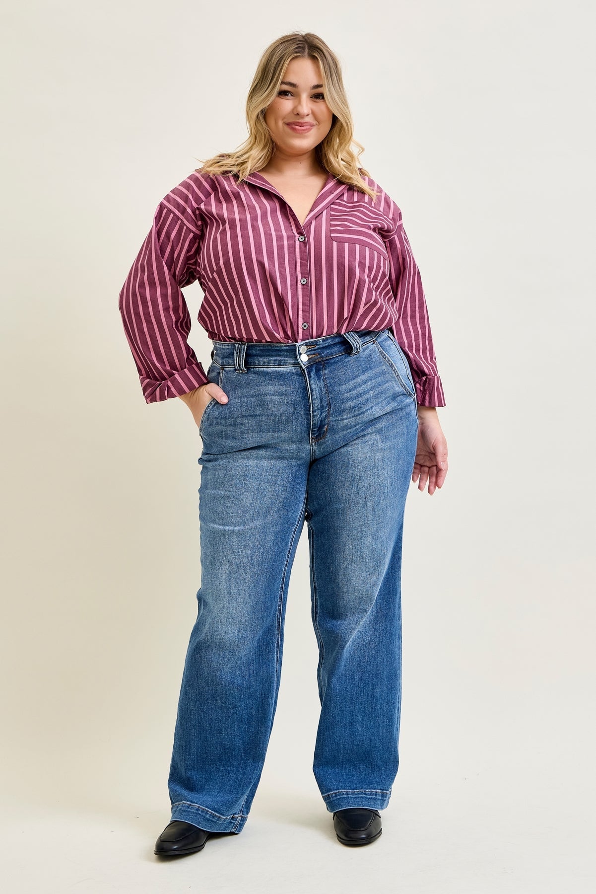 Clementine High Rise Double Button Wide Leg Denim Jeans - PLUS