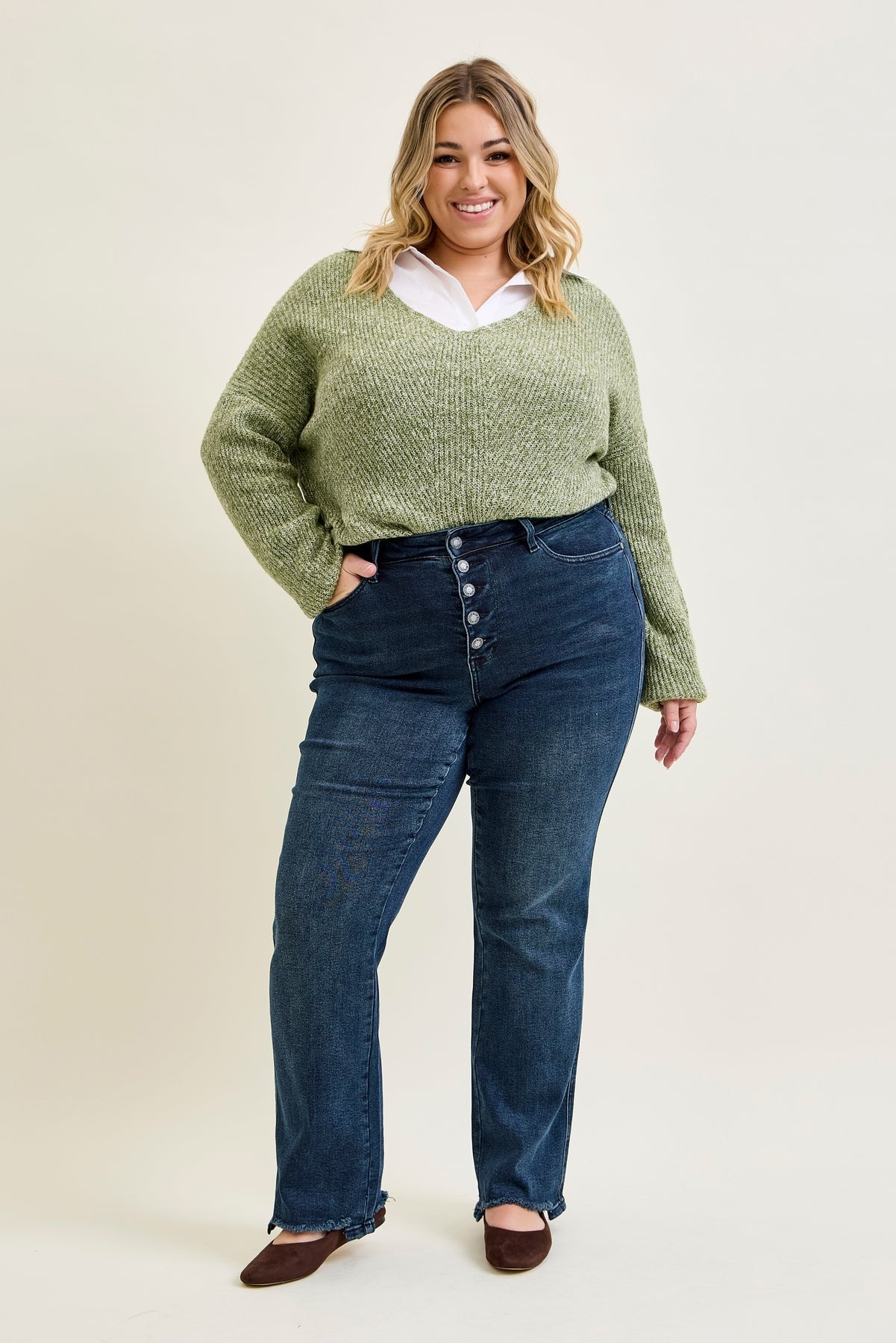 Lisa High Rise Button Fly Hem Distressed Straight Jeans - PLUS