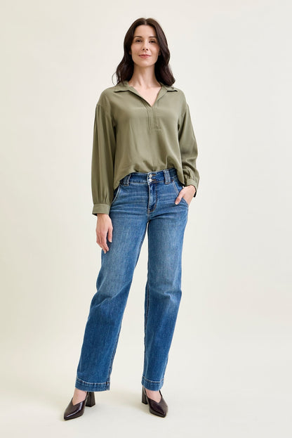 Clementine High Rise Double Button Wide Leg Denim Jeans