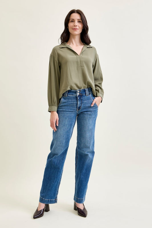 Clementine High Rise Double Button Wide Leg Denim Jeans