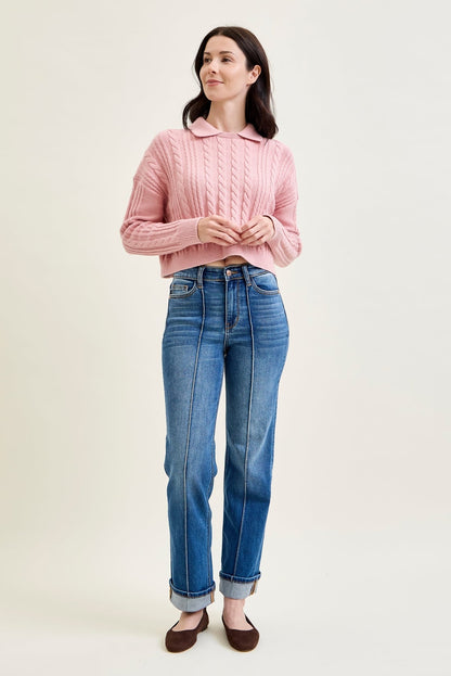 Sally High Rise Front Seam Detail & Cuffed Straight Fit Jeans