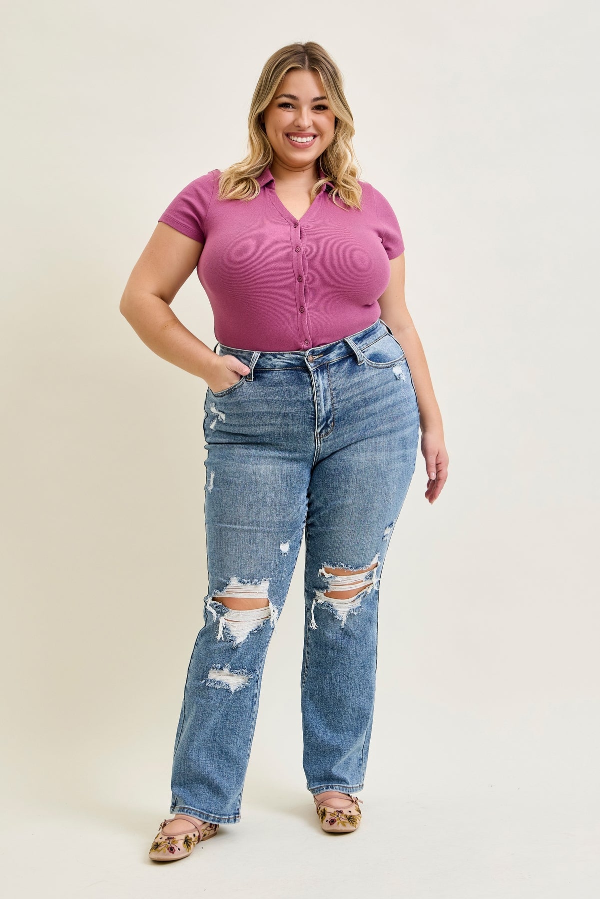 Faye Stone Wash Ripped Bootcut Jeans - PLUS