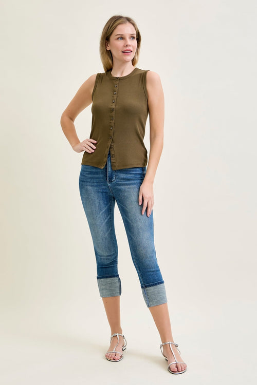 Kayla High Rise Tummy Control Back Shield Pockets & Cuff Capri