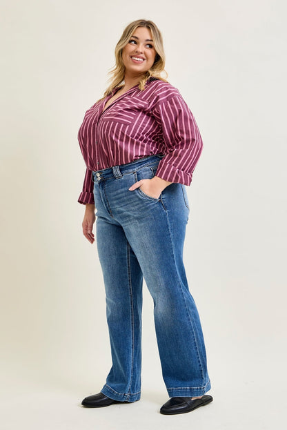 Clementine High Rise Double Button Wide Leg Denim Jeans - PLUS