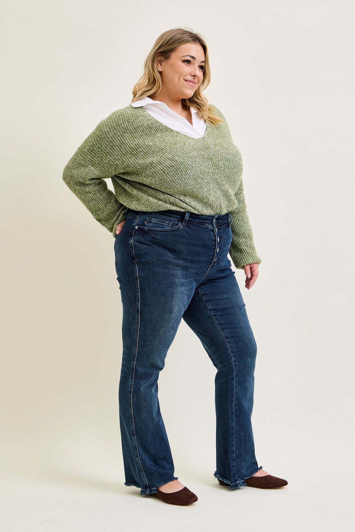 Lisa High Rise Button Fly Hem Distressed Straight Jeans - PLUS