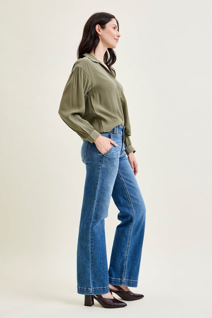 Clementine High Rise Double Button Wide Leg Denim Jeans