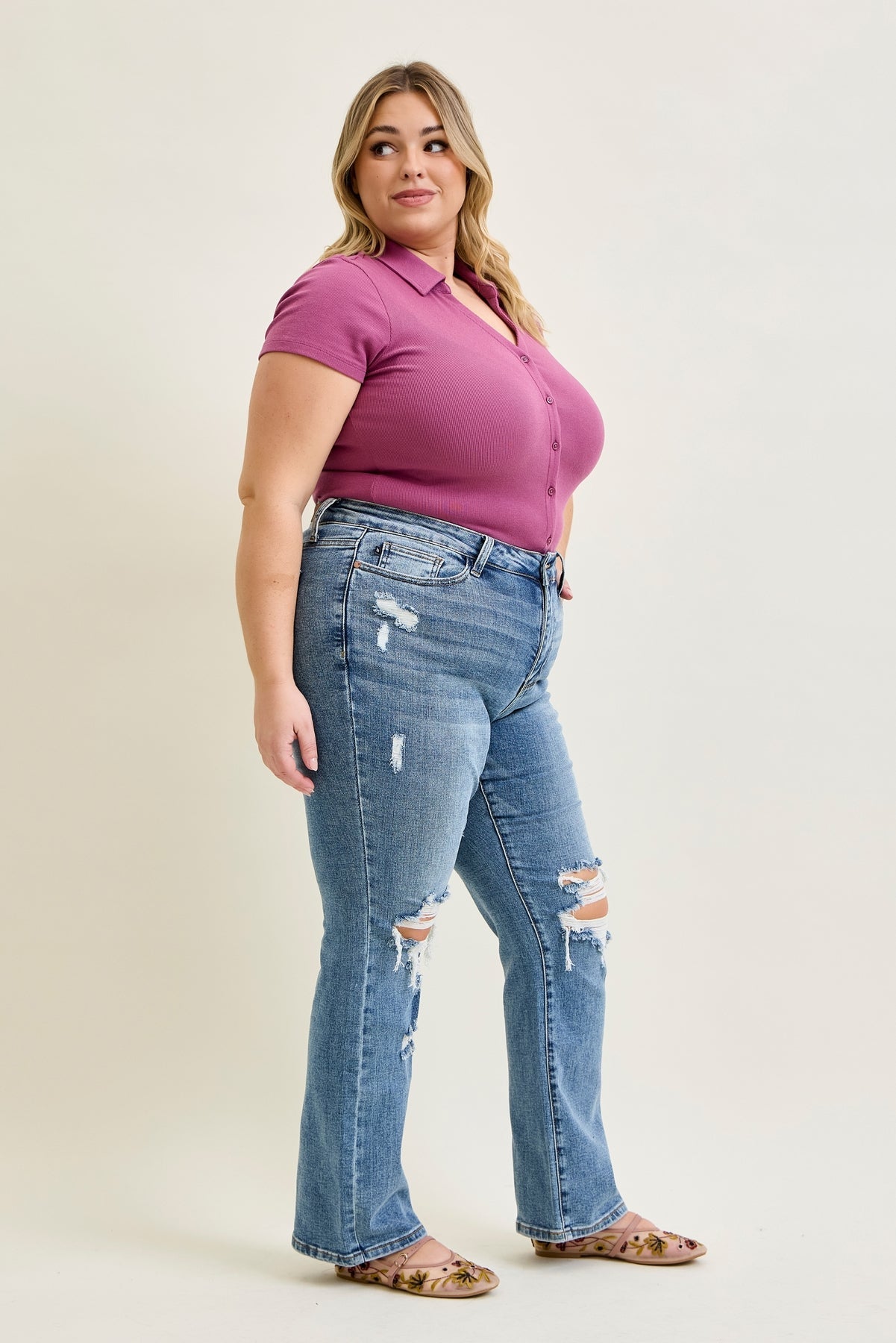 Faye Stone Wash Ripped Bootcut Jeans - PLUS