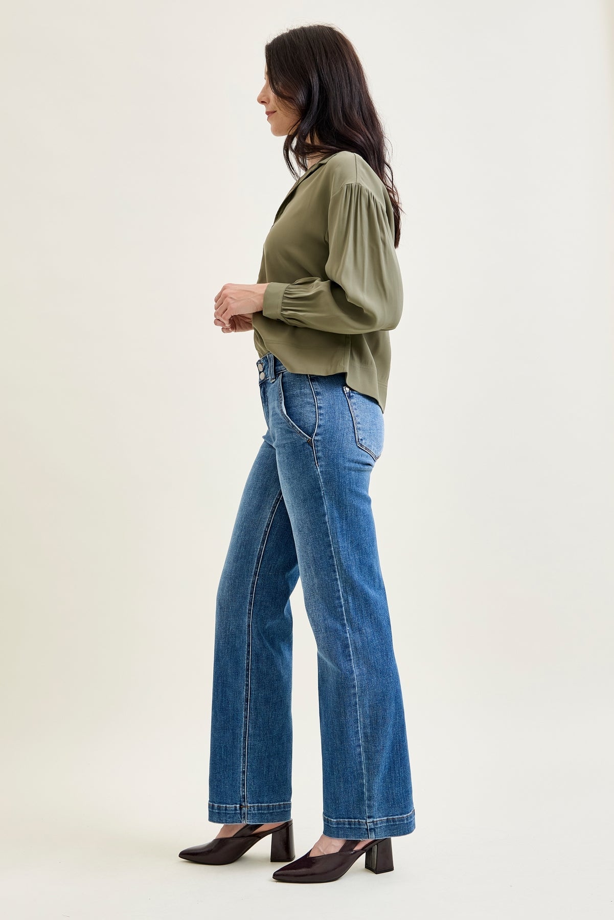 Clementine High Rise Double Button Wide Leg Denim Jeans