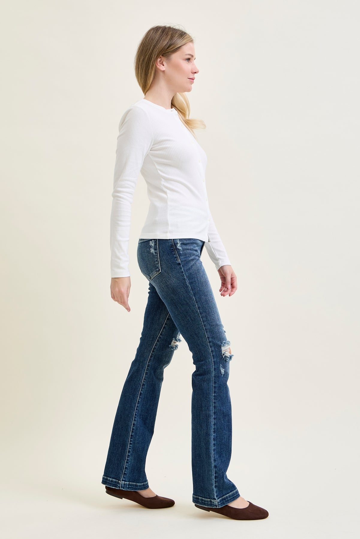 Lucy Mid Rise Hand Sand & Mildly Distressed Bootcut Jeans