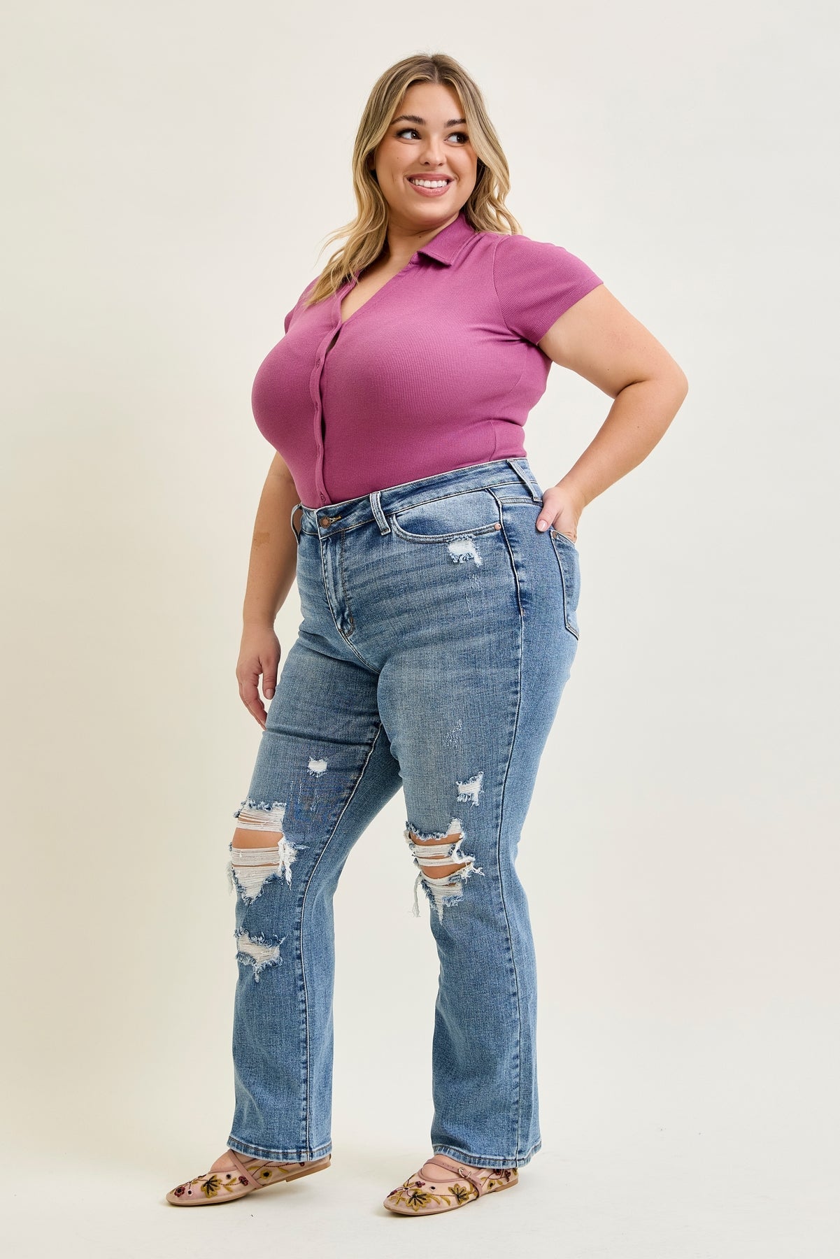 Faye Stone Wash Ripped Bootcut Jeans - PLUS