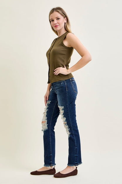 Lisse Mid Rise Ripped Straight Fit Jeans