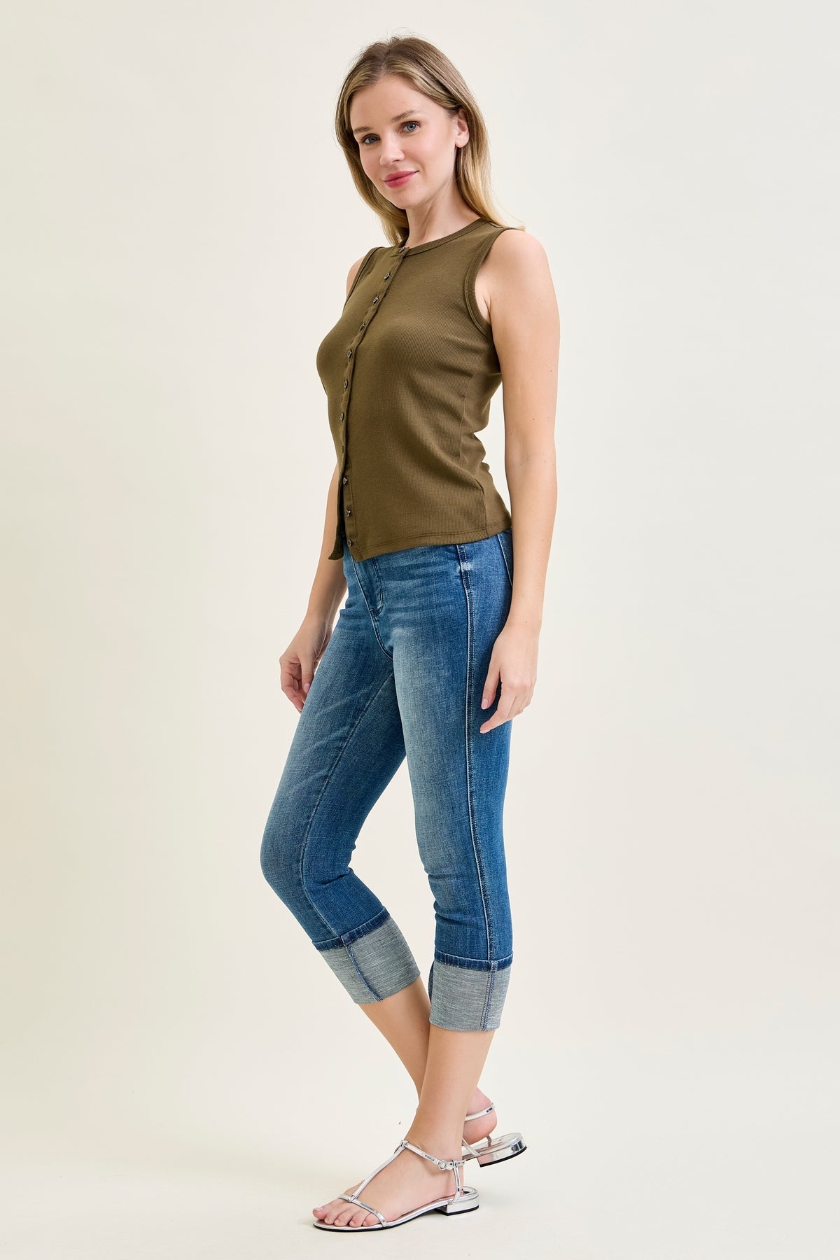 Kayla High Rise Tummy Control Back Shield Pockets & Cuff Capri