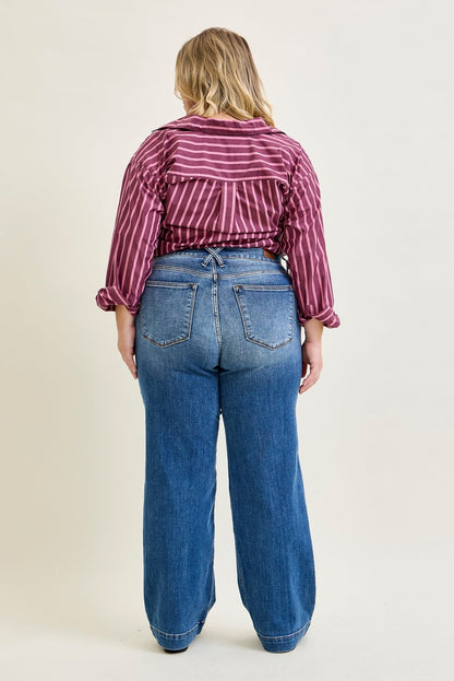 Clementine High Rise Double Button Wide Leg Denim Jeans - PLUS