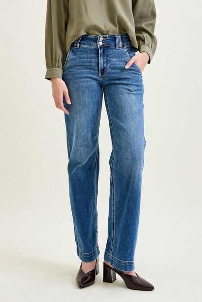 Clementine High Rise Double Button Wide Leg Denim Jeans