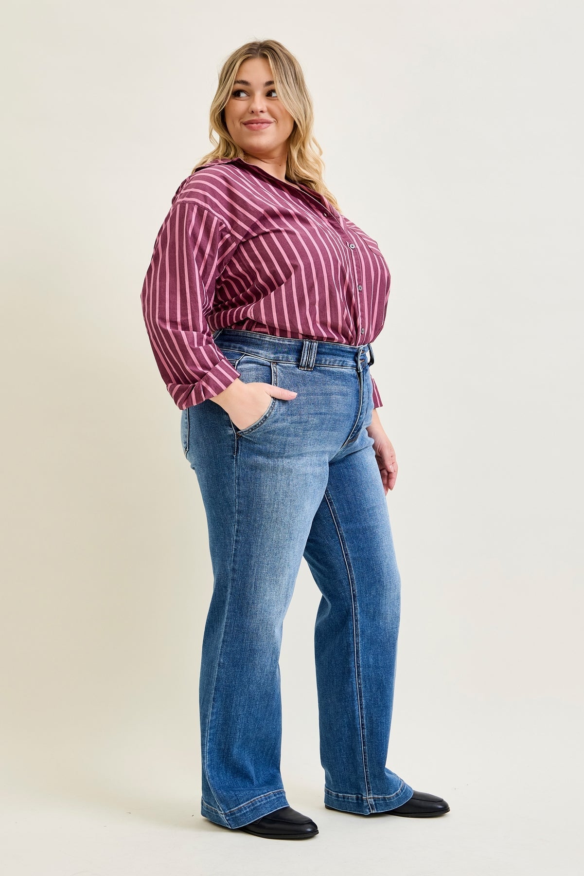 Clementine High Rise Double Button Wide Leg Denim Jeans - PLUS