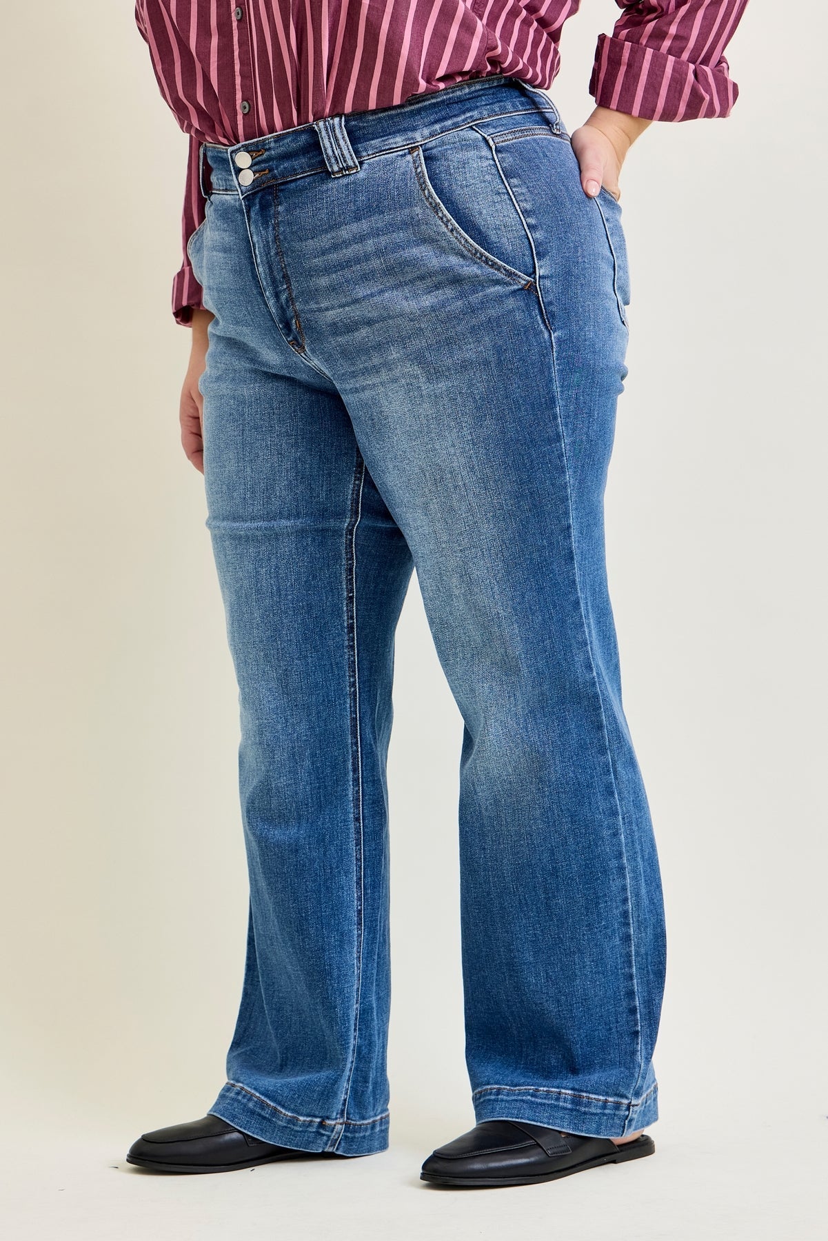 Clementine High Rise Double Button Wide Leg Denim Jeans - PLUS