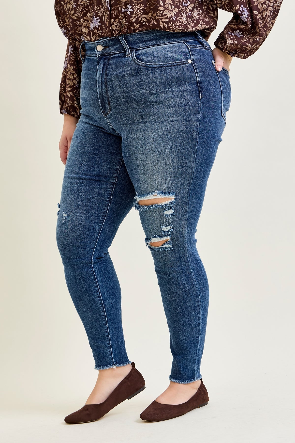 Andrea High Waist Skinny Jeans with Rips - PLUS