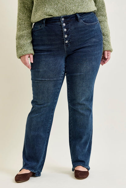 Lisa High Rise Button Fly Hem Distressed Straight Jeans - PLUS