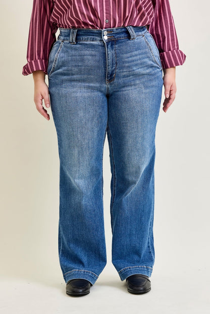 Clementine High Rise Double Button Wide Leg Denim Jeans - PLUS
