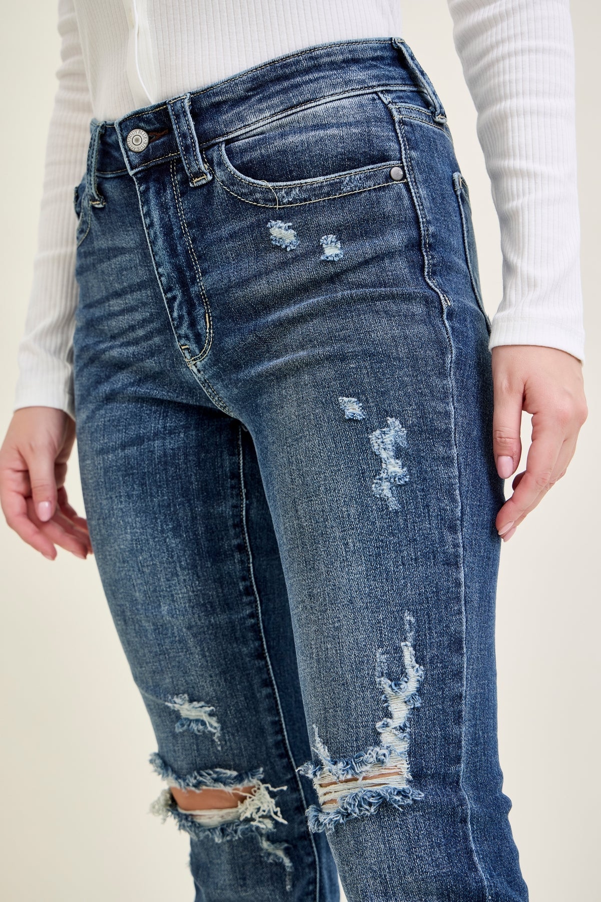 Lucy Mid Rise Hand Sand & Mildly Distressed Bootcut Jeans