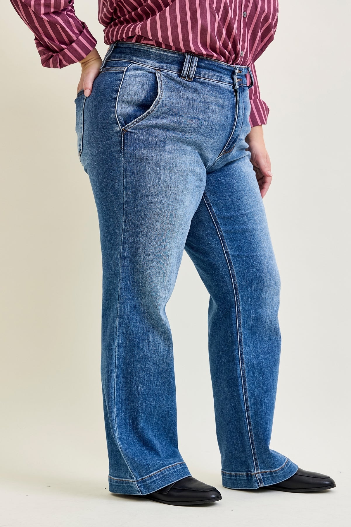 Clementine High Rise Double Button Wide Leg Denim Jeans - PLUS